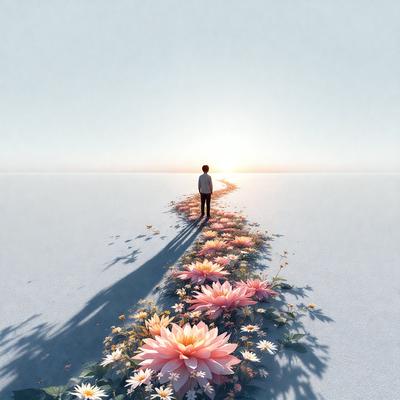 The primary subject of the image is a person standing on a path surrounded by flowers. The setting is a desert-like environment, with a sandy surface and a clear blue sky in the background. The visual style is a combination of photo and digital art, creating a realistic yet artistic representation of the scene. The colors and mood are predominantly warm and serene, with the vibrant colors of the flowers and the person's clothing contrasting against the cooler tones of the desert backdrop.